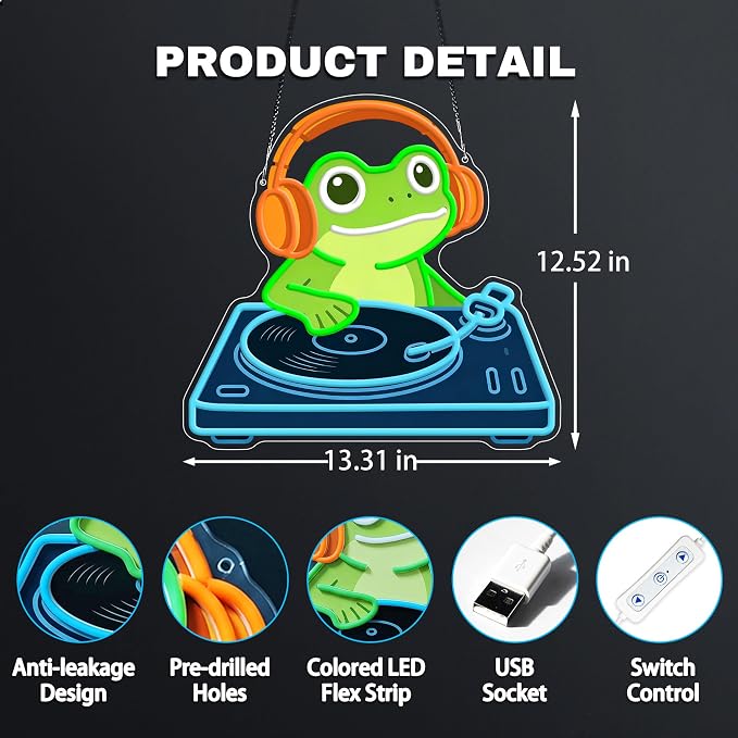 Frog DJ Neon Sign, Music Neon Signs for Wall Decor, Cute LED Light Up Sign for Bedroom, Game Room, Man Cave, Bar, Studio and Party Decor, USB Powered Dimmable Funny Wall Art Gift for DJ Music Lovers