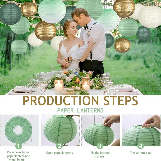 15-Pack Sage Green Gold Paper Lanterns, Hanging Classroom Decor | 6,8,10 Inch Hanging Lanterns for Weddings, Bridal Showers, Graduations, Anniversaries & Baby Showers