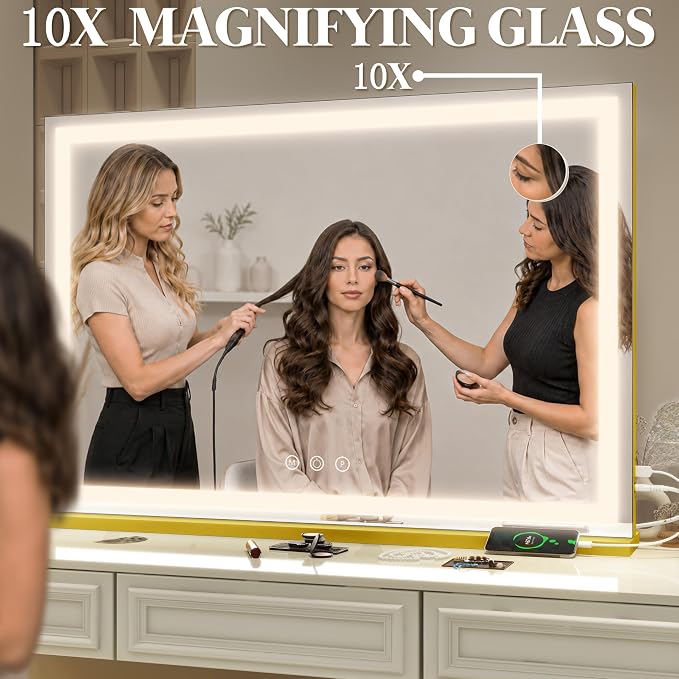 FENNIO Large Vanity Mirror with Lights，40" x 28"Makeup Mirror with Lights，Hollywood Mirror with 3 Color Modes & Adjustable Brightness，Vanity Mirror Square Gold