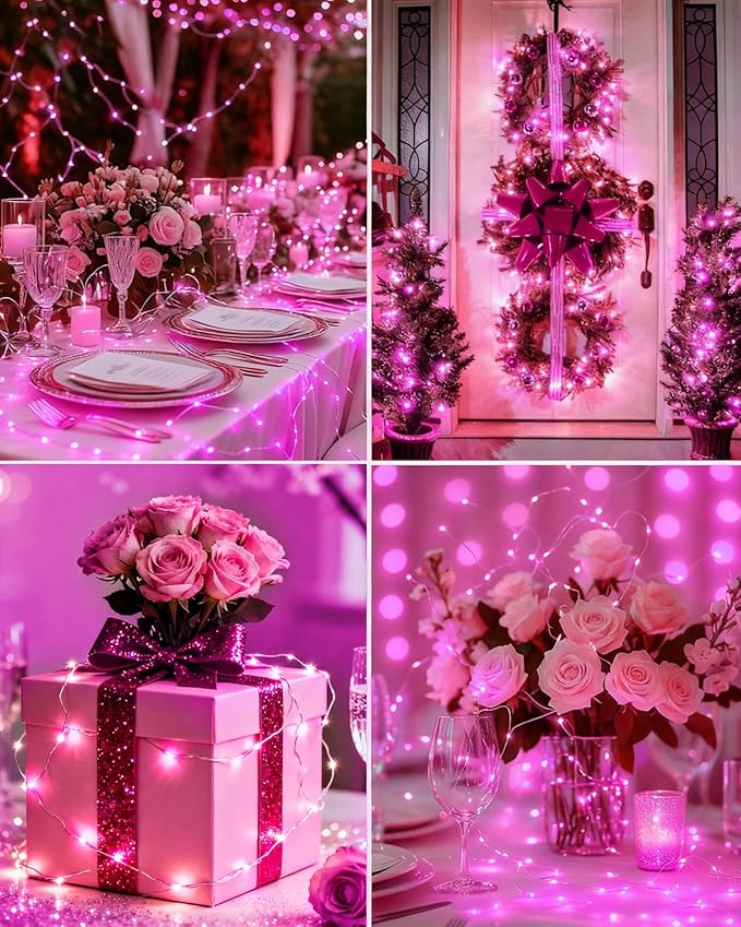 btfarm 12 Pack Fairy Lights Battery Operated, 7FT 20 LED Mini String Lights Waterproof Silver Wire for Mason Jars Centerpiece Table Crafts Bedroom Christmas Decoration, Pink