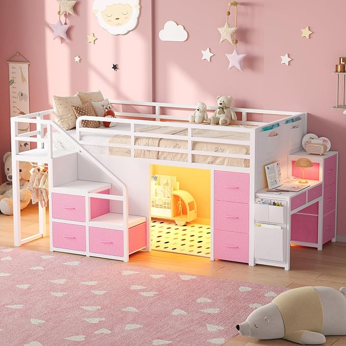 Twin Loft Bed with Desk, RGB Lights & Under Bed Play Fort, White Pink | 11 Storage Drawers, Clothes Rack, Pockets, Wide Step Stairs, 11.8''H Safety Guardrail, Built-in Charging Station