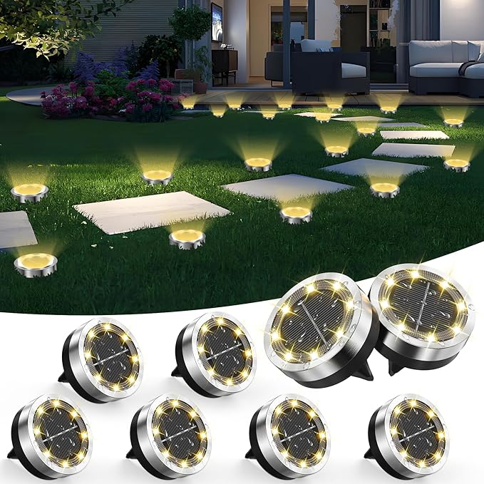 Solar Ground Lights Outdoor, 8 Pack Solar Lights Outdoor Waterproof | Mini Flat Solar-Powered Garden Light, Landscape Lighting for Garden Yard Lawn Pathway Walkway Driveway Yard Decor, Warm White