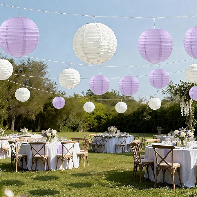 20Pcs Paper Lanterns, Purple and Ivory Round Hanging Lanterns for Wedding | 6"8"10" Round Paper Lanterns Decorations for Engagement Rustic Party Bridal Shower Birthday Baby Shower Home Classroom Decor