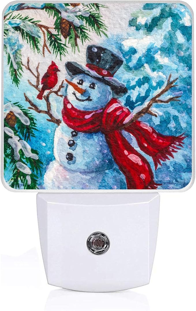 Winter Snowman Night Light, Plug-into Christmas Red Bird Nightlight White LED Lamp, Energy Efficient Decor Desk Lamp for Bedroom Hallway Stairs Bathroom