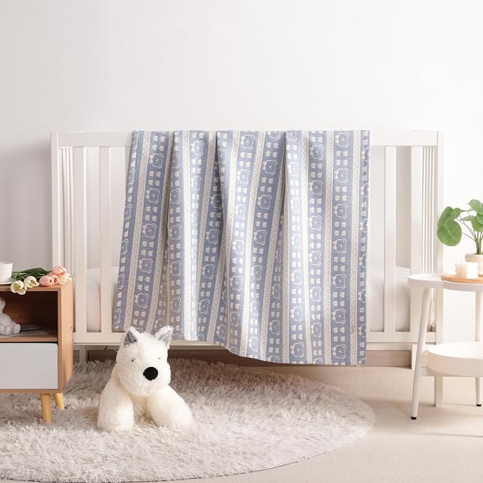 NTBAY 3 Layer Oversized Muslin Toddler Blanket, 45 x 60, Blue Bear | Muslin Cotton Outer Layers with Light Thermal Fiber Fill, Reversible Blanket for Daycare, Travel, Naps, and Supervised Use