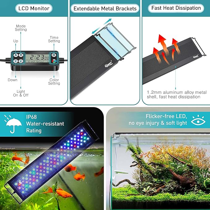 hygger Auto On Off LED Aquarium Light, Full Spectrum Fish Tank Light with LCD Monitor, 24/7 Lighting Cycle, 7 Colors, Adjustable Timer, IP68 Waterproof, 3 Modes for 18"-24" Freshwater Planted Tank