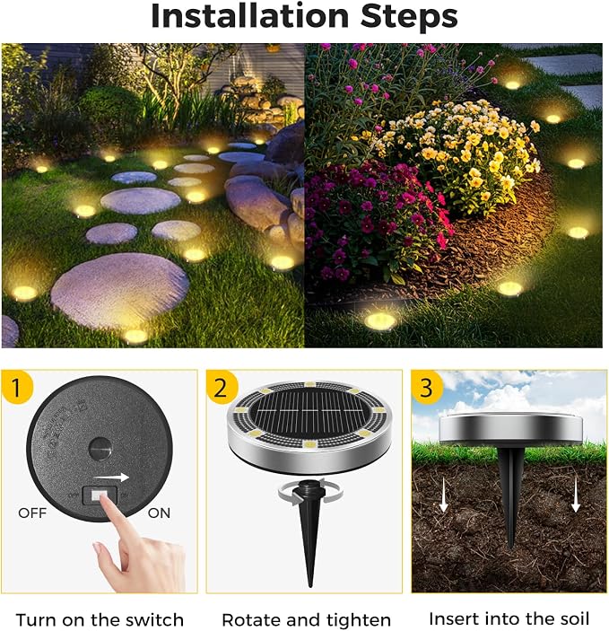 24 Pack Solar Ground Lights Outdoor, 8 LED Mini Flat Solar Disc Lights, IP65 Waterproof Pathway Lights Solar Powered, Landscape Lighting for Garden Walkway Driveway Yard Lawn,Warm White