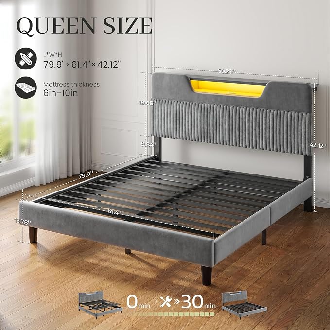 Homkdom Queen Bed Frame with Charging Station & Storage Headboard,Grey | 1USB-C & 2USB-A Charging, RGB LED Lights,7.78" Under-bed Storage,Velvet Upholstered Headboard,No Box Spring,Easy Assembly.