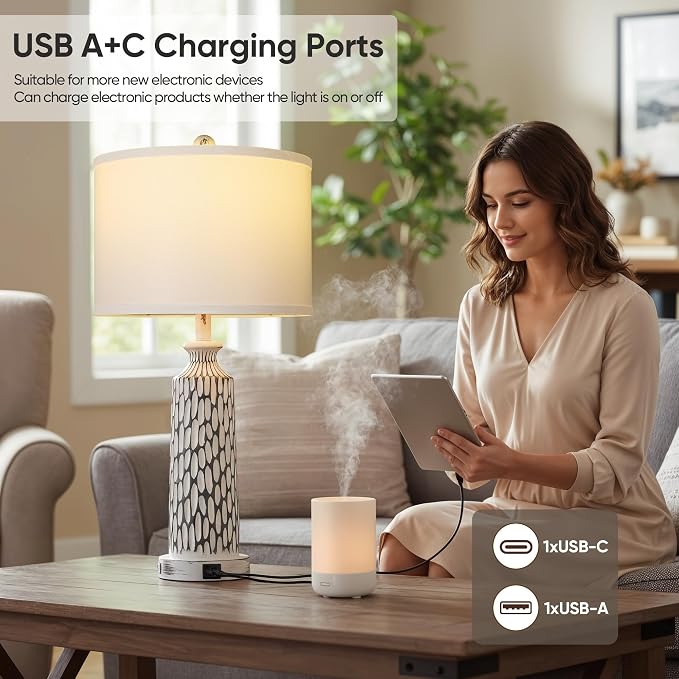 QiMH 26" Table Lamps Set of 2, Modern Bedside Lamps with USB A+C Ports, 3-Way Dimmable Touch Control & White Shade, Coastal White Gray Nightstand Lamp for Living Room Bedroom, Included 2700K LED Bulbs | USB A+C Ports, 3-Way Dimmable Touch Control, Line...