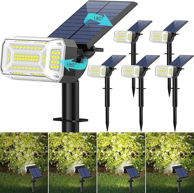 102 LEDs Solar Spot Lights Outdoor, 6 Pack Cool White Solar Spotlights | 4 Modes, Waterproof IP65, Adjustable Light & Panel Landscape Flood Powered Lights for Yard Garden Pathway Wall