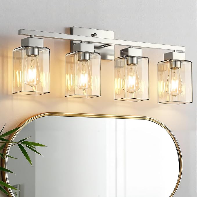 4-Light Bathroom Light Fixtures, Brushed Nickel Modern Vanity Lights, Bathroom Lighting Fixtures Over Mirror, Square Design Farmhouse Wall Sconces with Clear Glass Shades