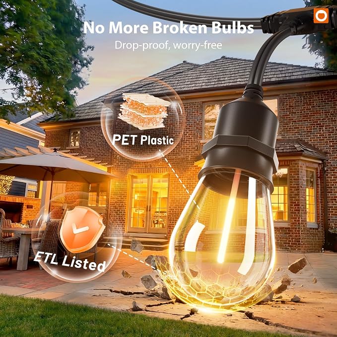 addlon 50FT Outdoor String Lights with Remote Dimmable Waterproof Patio | Warm White Edison Bulbs, Heavy Duty Shatterproof Hanging Strand for Outside Backyard Porch Garden Bistro Pergola Party