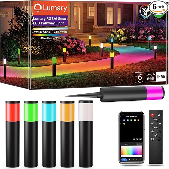 Lumary Smart Low Voltage Pathway Lights 2100LM 6 Pack, IP65 Waterproof, 24V | RGBAI/Cool/Warm light, Timer, 50+ Scenes, Custom Schedules, Works with Alexa/Google Home, Garden/Driveway/Landscape Lighting
