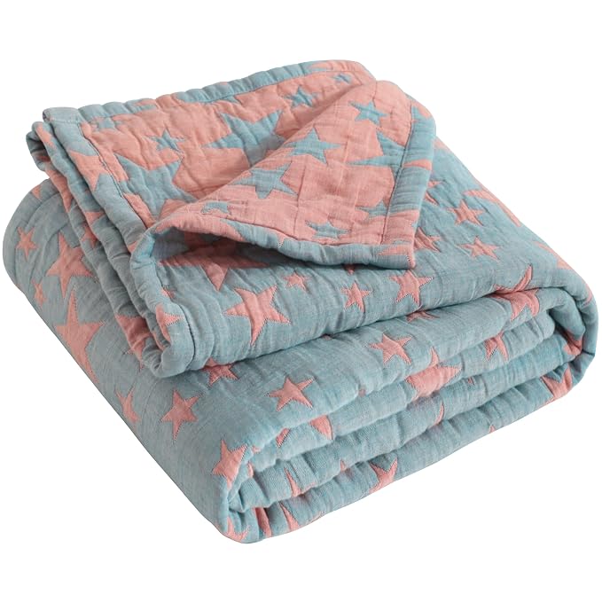 NTBAY 3 Layer Oversized Muslin Toddler Blanket, 45 x 60, Red and Blue Star | Muslin Cotton Outer Layers with Light Thermal Fiber Fill, Reversible Blanket for Daycare, Travel, Naps, and Supervised Use