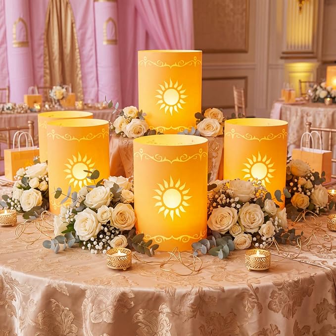 Fuyoooo 20 Set Paper Sun Lantern with LED Candles for Centerpieces LED Tea Lights with Paper Bags Battery Operation for Princess Wedding Party, Halloween, Christmas Decoration(Yellow,Sun)