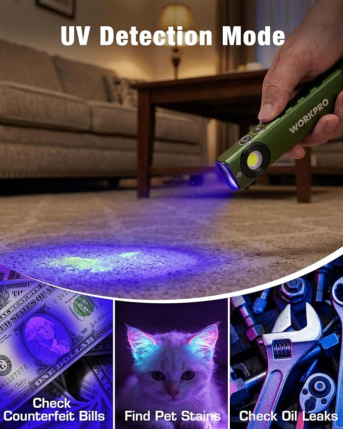 WORKPRO Rechargeable Pocket Flashlight, Magnetic EDC Light with UV, Green | Compact, 600 Lumens LED & UV Light, 2 Magnetic Bases, Pocket Clip, 7 Modes, Camping, Garage, Repair & Emergency Use
