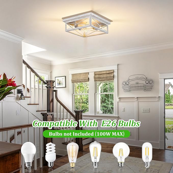 White Hallway Light Fixtures for Ceiling, 2-Light Farmhouse Industrial Flush Mount Ceiling Lights, 2-Pack Metal Kitchen Light Fixtures, Square Close to Ceiling Lights for Bedroom Living Room Entryway