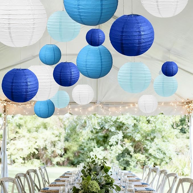 21Pcs Paper Lanterns, Blue and White Hanging Lanterns for Bridal Shower | 6"8"10" Round Paper Lanterns Decorations for Wedding Engagement Baby Shower Birthday Rustic Party Home Classroom Decor