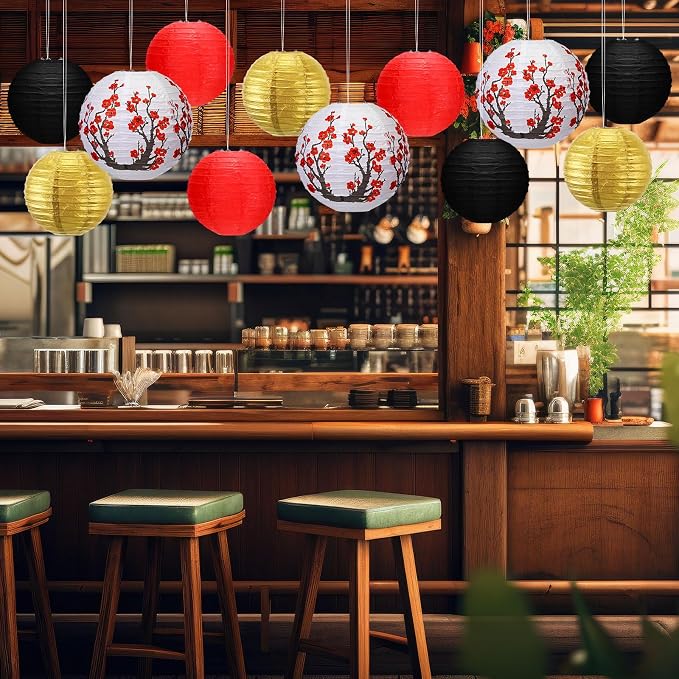 Mudder 20 Pack Chinese Japanese Paper Lanterns, Red Black Gold Sakura Cherry Blossom Hanging Lantern Decorations, Asian Theme Party Supplies for Birthday Wedding Restaurant Home Decor, Classic Style