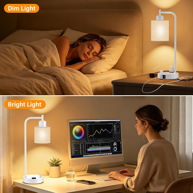 Industrial Table Lamps with Linen Shade, Set of 2 Fully Dimmable Bedside Lamps with USB A+C Ports and Outlet, White Nightstand Desk Lamps for Bedrooms Living Room Office, 2 LED Bulbs Included