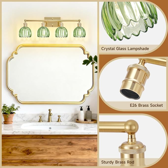 4 Light Vanity Lights for Bathroom, 27.2 in Brushed Brass Gold Bathroom Vanity Lights Over Mirror,Wall-Mounted Bath Room Lighting Fixtures with Green Tulip Glass Shade for Bedroom Living Room