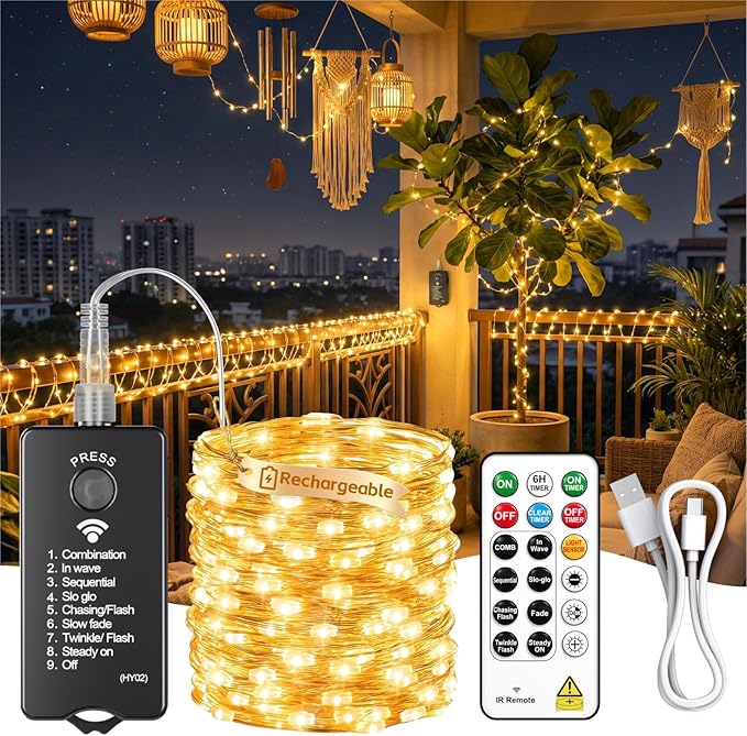 ZSJWL Rechargeable Fairy Lights with Remote，66ft 200 LED Outdoor Battery String Lights with DIY Timer & Light Sensor, Waterproof Dimmable Twinkle Light for Tree Christmas Indoor, Warm White