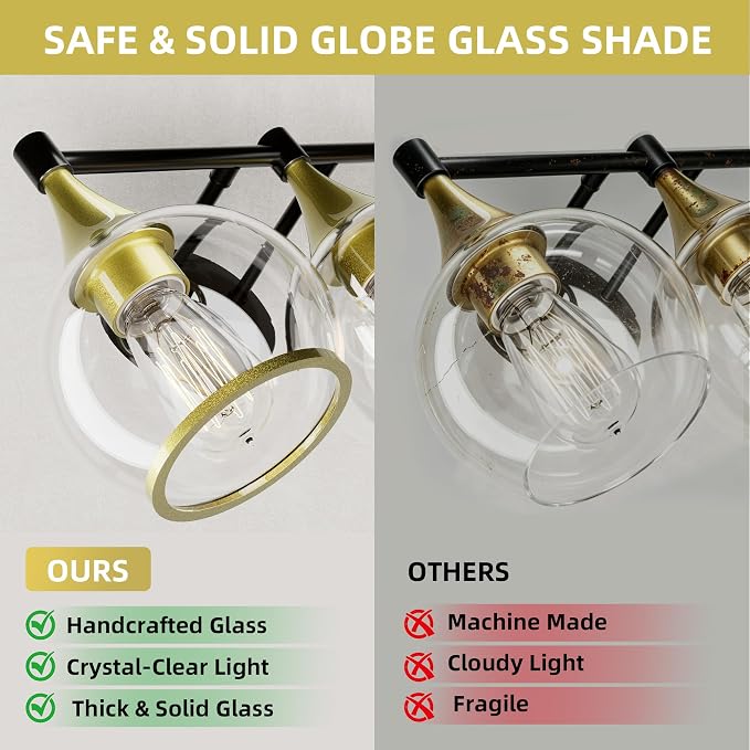 PAIHOME 3-Light Gold and Black Bathroom Vanity Light Fixtures Over Mirror | Painted, Anti-rust, UL-Certified, Elegant Globe Glass Shade, Modern Vintage, Easy to Install,Versatile Wall Decor Light