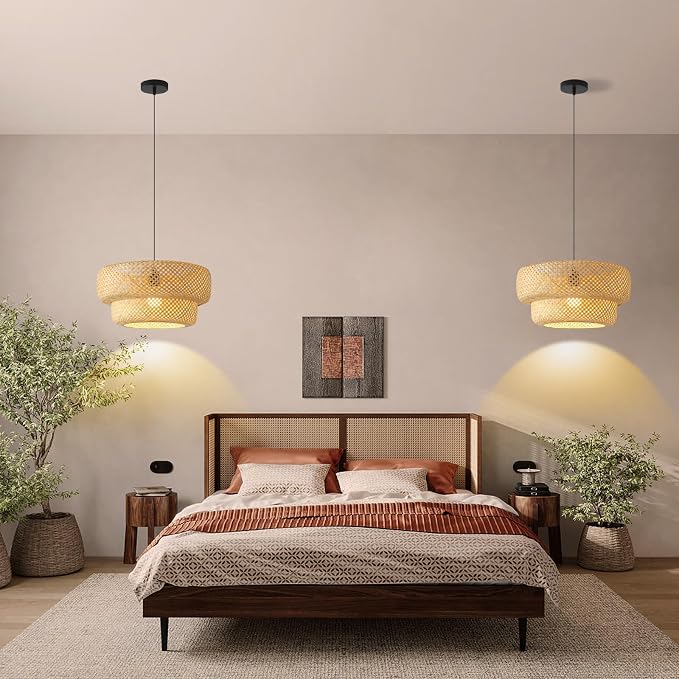 Bamboo Pendant Light,13.8" Rattan Chadelier | Hand-Woven Bamboo Rattan Chandelier Shade for Dining Living Bedroom Kitchen Farmhouse 1-Pack