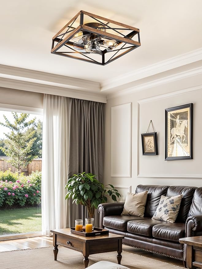 LEDIARY 20” Caged Low Profile Ceiling Fans with Lights and Remote, Rustic Square Flush Mount Ceiling Fan, 6 Speed and Reversible, Small Farmhouse Bladeless Ceiling Fan for Bedroom, Kitchen,Dining Room