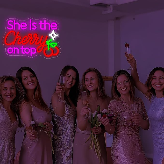 She Is The Cherry On Top Neon Sign for Wall Decor Dimmable Cherry Neon Light for Living Room Light Up Sign for Girl Wedding Party Bedroom Beauty Salon Birthday Gift Art Size 13.7 * 9.7In (WZCP218)