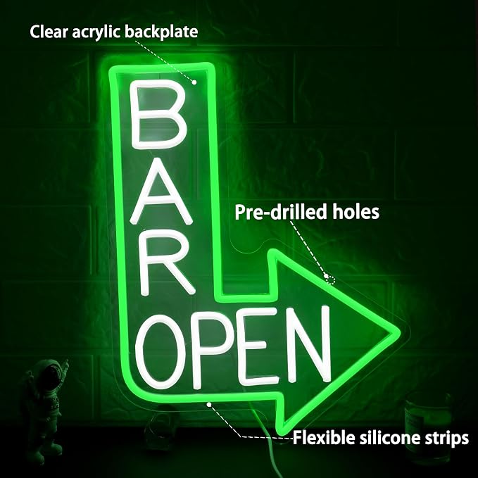 Bar Open Neon Sign for Wall Decor Dimmable Led Open Sign USB Powered Bar Arrow Light Up Sign for Man Cave Karaoke Restaurant Pub Cafe Salon (15.35 * 11.81)