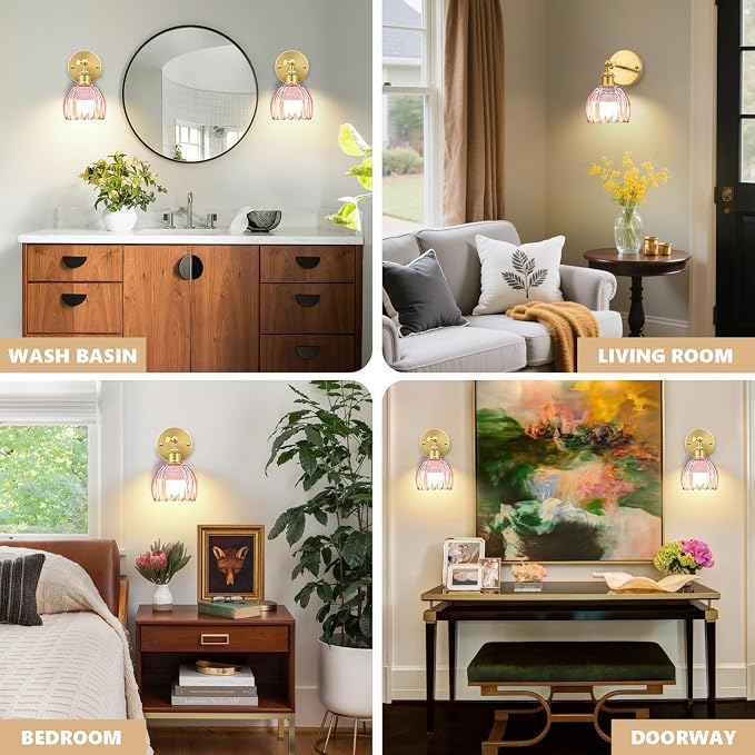 Vintage Battery Operated Wall Sconce, Pink Tulip Glass Lampshade Wireless Rechargeable Battery Powered LED Wall Light with Remote Dimmable for Bedside Bedroom Doorway Living Room, Set of 2