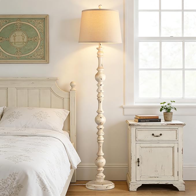 QiMH 61" Vintage Floor Lamp for Living Room, Farmhouse Lamps, Shabby White | Rustic Tall Lamp for Bedroom, Linen Lampshade, Rotary Switch, Sturdy Base, Home Decor