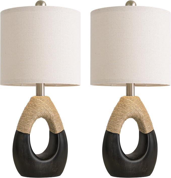 19" Table Lamps Set of 2, Bedside Lamps for Bedroom, Boho Lamps for Living Room, Rustic Lamps for Office, Vintage Design Nightstand Lighting (Bulb Not Included, Black)