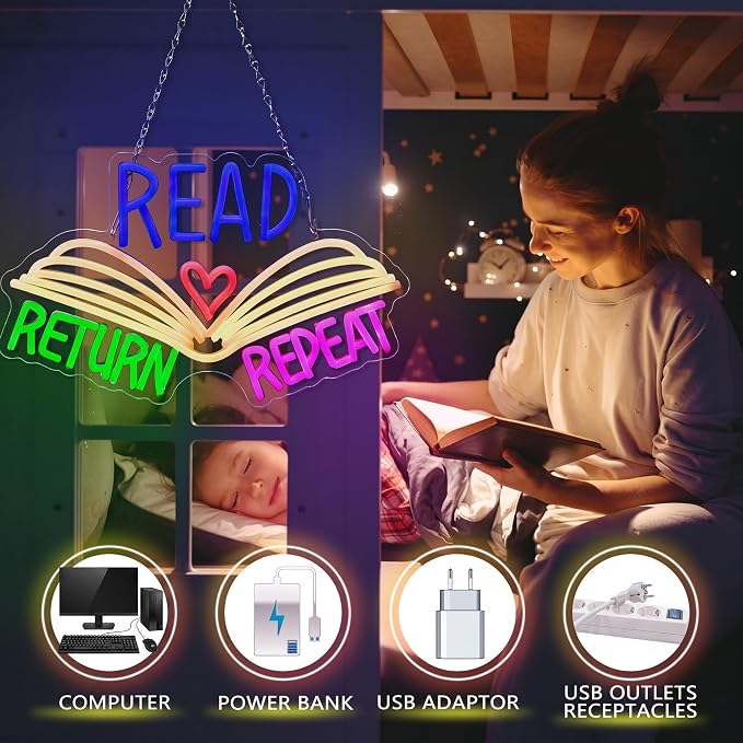 15.8 x 10 Inches Read Neon Sign Read Return Repeat Book USB Dimmable Neon LED Sign for School Library Reading Corner Classroom Wall Decor, Study Room Gifts Art for Book Lover