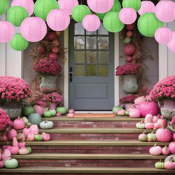 Pelopy 18 Pcs Paper Lanterns 4/6/8/12 Inches Round Chinese Japanese Paper Lanterns for Indoor New Year Valentine's Day Wedding Birthday Party Decorations(Pink and Green,4/6/ 8/12 Inch)
