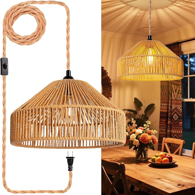 Maliralt Hanging Lamps Rattan Pendant Light Hanging Lights 16.4ft Plug in Cord Pendant Light Fixture Plug Into Wall Outlet Pendant Lighting with On Off Switch for Bedroom Living (Mongolian Yurt)