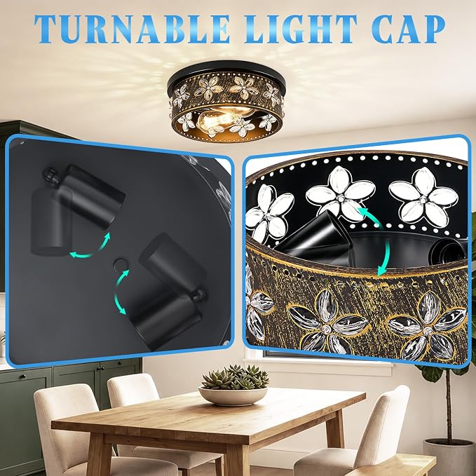 10.6 Inch Black Gold Flush Mount Ceiling Light Fixture, 2 Pack | 2-Light, Flower, Farmhouse, Kitchen, Dining Room, Bedroom, Living Room, Foyer, Entryway