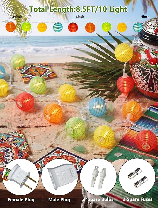 8.5Ft LED Lantern String Lights Plug in, Summer Outdoor Decor Fairy Lights | 10 Waterproof Multicolor Lanterns, Connectable Hanging Patio Lights for Hawaiian Camping Tent Holiday Party Garden