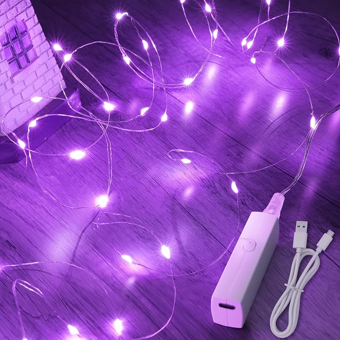 16FT(5M) Purple Fairy Lights, Rechargeable Battery Operated String Lights with Timer, 8 Modes Waterproof Mini LED Twinkle Lights for Bedroom Christmas Wedding Vine Centerpiece Table Decor