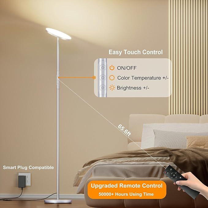 69" LED Floor Lamp, 3600LM Torchiere Modern Standing Lamp for Living Room | 350W Equivalent, Stepless Dimming 2700K-6500K, Remote & Touch Control, Super Bright, Floor Lamp for Living Room Bedroom, Gray