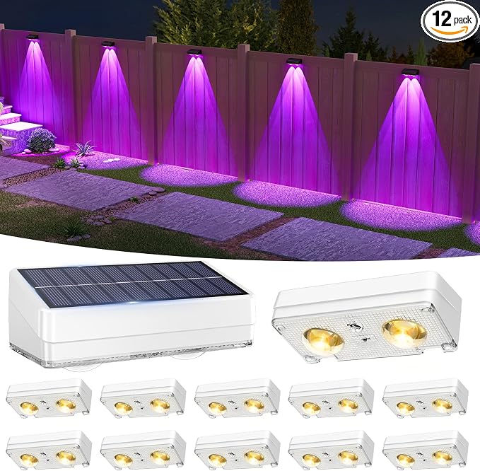 VOLISUN Solar Fence Lights Outdoor 12 Pack, 50Lumen RGB Color Changing | 2 LED Downlight, IP65 Waterproof, 10 Colors ＆ 12 Modes, Fence Lights Solar Powered for Backyard, Deck, Patio, Railing