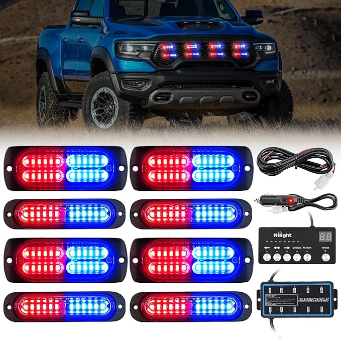 Nilight 8PCS Led Strobe Lights with Controller 12V 24V Sync Feature Red Blue Light 12 24 LED Surface Mount Emergency Hazard Warning for Vehicle Car Truck RV ATV