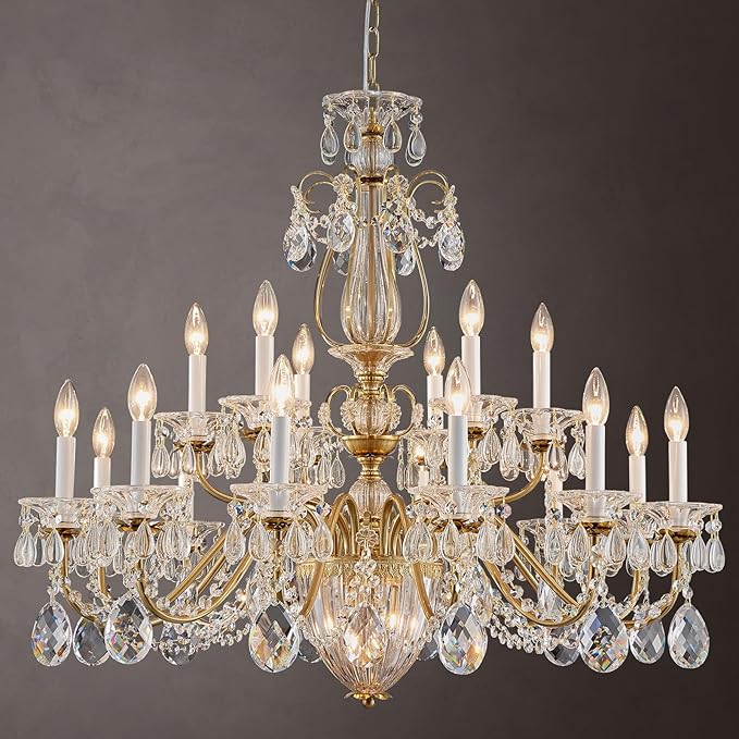Vintage Crystal Chandelier 18-Lights Large Crystal Chandeliers for High Ceilings Brass Maria Theresa Chandelier Light Fixture for Living Room Hallway Hotel Banquet Hall Lobby Entrance Foyer Dia 37"