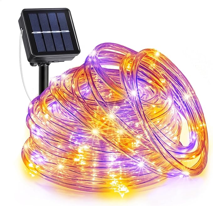 33FT 135 LED Solar Rope Lights Outdoor Waterproof, Purple and Orange Solar String Lights for Outside, 8 Modes Solar Powered Fairy Light for Party Garden Yard Fence Holiday Decorations