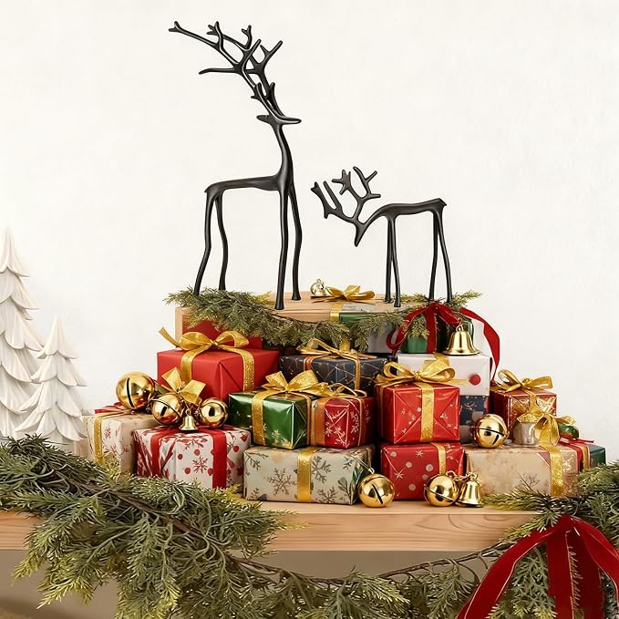 2 Pcs Christmas Reindeer Figurines Decor Xmas Tabletop Ornaments Black Deer Statue Ornament Imitation Metal Christmas Reindeer Statues for Living Room Patio Home Office Garden Backyard Decoration