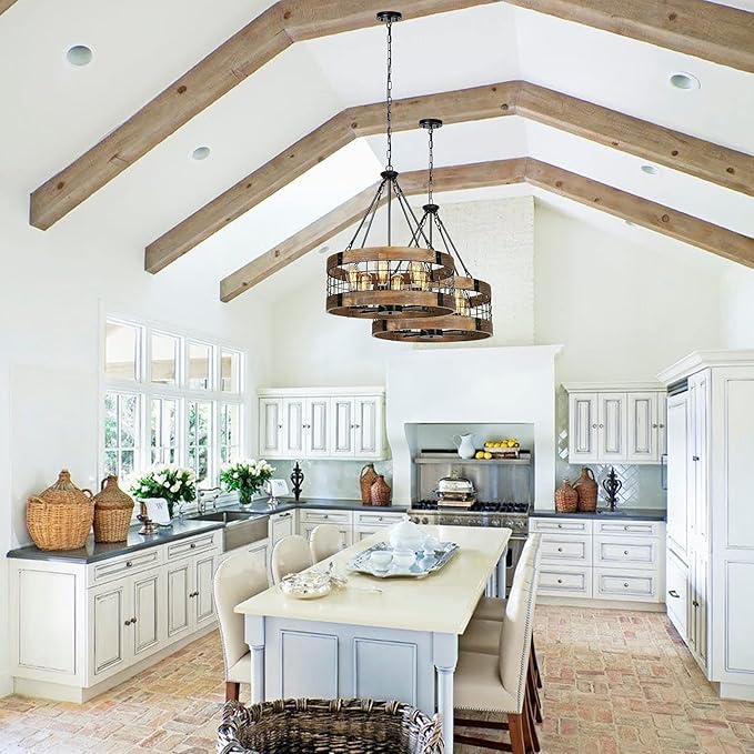 6-Light Farmhouse Chandelier for Entryway, Rustic Dining Room Light Fixtures, Industrial Drum Hanging Lighting for Kitchen Island Foyer, Black Wood and Black Metal Finish