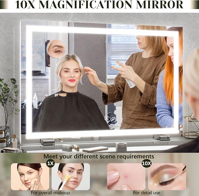 ROLOVE 32x22 Lighted Vanity Mirror, Wall-Mounted, Detachable 10X Magnifier | LED Makeup Mirror, 3 Color Modes, Stepless Dimming, Touch Control, Plug-In Design, Tabletop Use, Even Lighting