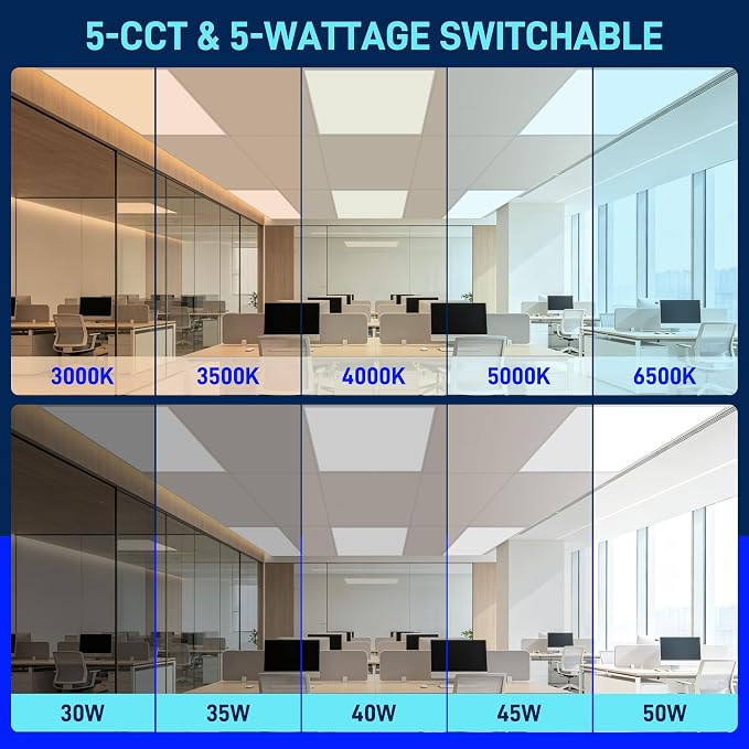 hykolity 2x2 LED Flat Panel Light,Dimmable,Selectable,Drop Ceiling,6 Pack | 30W-50W 5CCT 3000K-6500K 0-10V Dimmable ETL Listed Slim Recessed Back-Lit Lights for Office Classroom Hospital Garage Retail