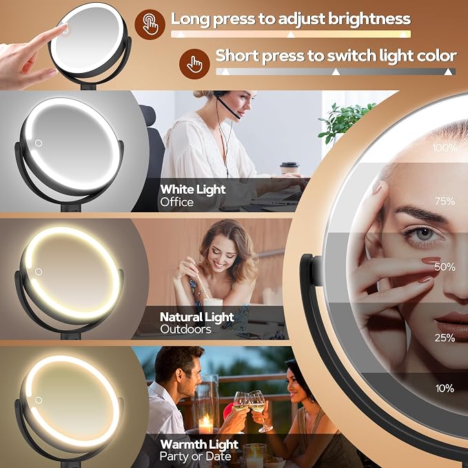 Makeup Mirror with Lights, Lighted Magnifying Mirror 30X with 3 Lighting and Adjustable Brightness, 2-Sided Height Adjustable Vanity Mirror for Bathroom, Gifts for Women Black